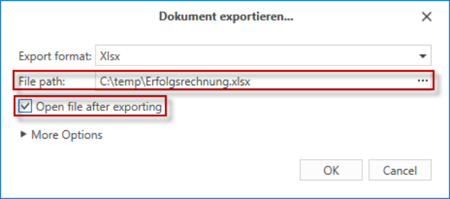 Auswahlfenster bei Export nach XLSX