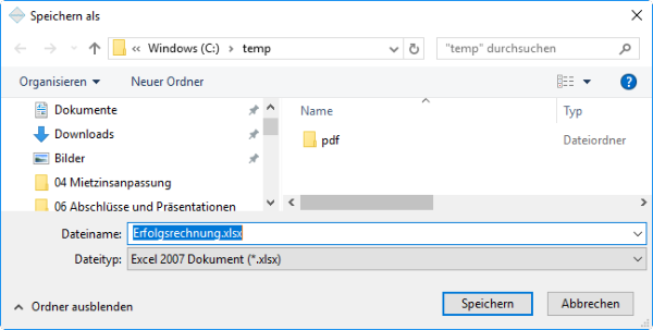 Dateipfad vor dem Speichern