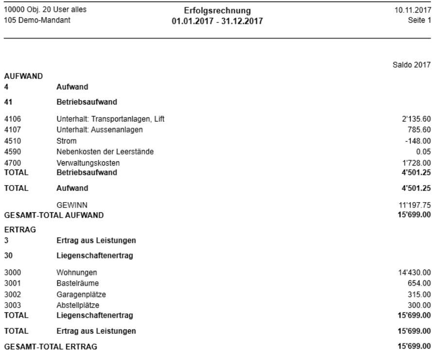 Printscreen von exportierter Erfolgsrechnung nach Excel