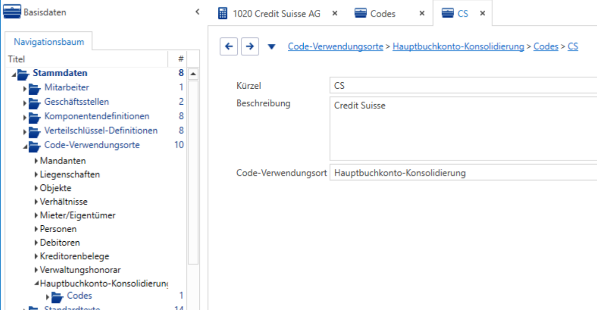 Basisdaten/Stammdaten/Code-Verwendungsorte/Hauptbuchkonto-Konsolidierung