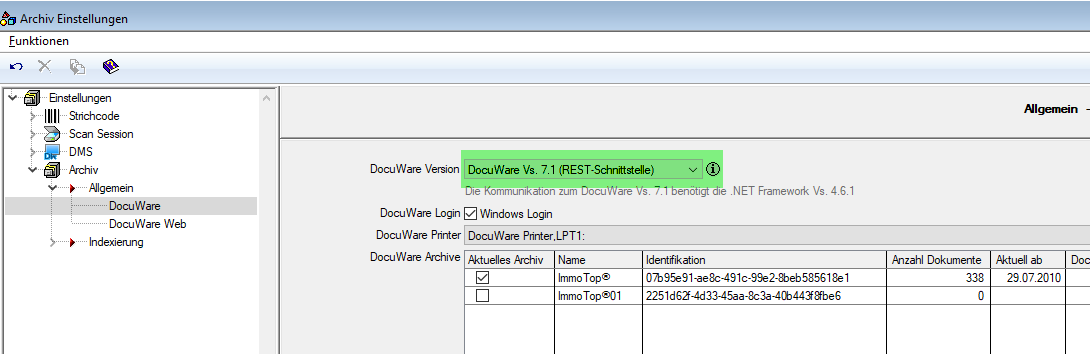 Archiv Einstellungen, Zweig Archiv / Allgemein / DocuWare: im Feld «DocuWare Version» ist «DocuWare Vs. 7.1 (REST-Schnittstelle)» gewählt - setzt das .NET Framework 4.6.1 voraus.