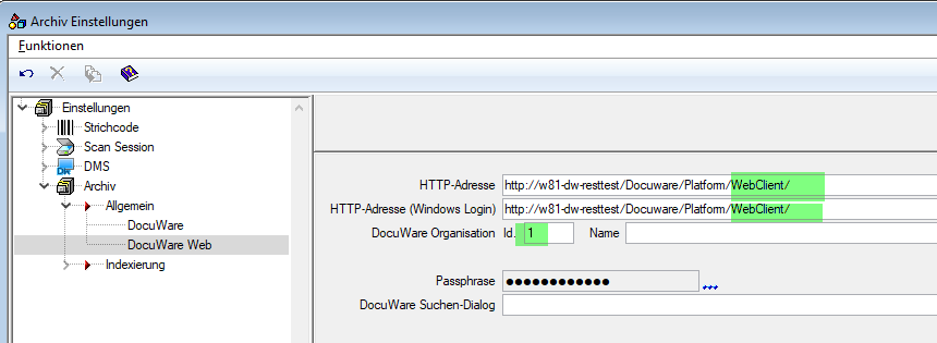 Archiv Einstellungen, Zweig DocuWare Web: die Felder «HTTP-Adresse» und «HTTP-Adresse (Windows Login)» enden beide auf /Docuware/Platform/WebClient/, bei «DocuWare Organisation» steht die Id 1