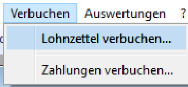 Aufgeklapptes Menü «Verbuchen» mit den Einträgen «Lohnzettel verbuchen…» und «Zahlungen verbuchen…».