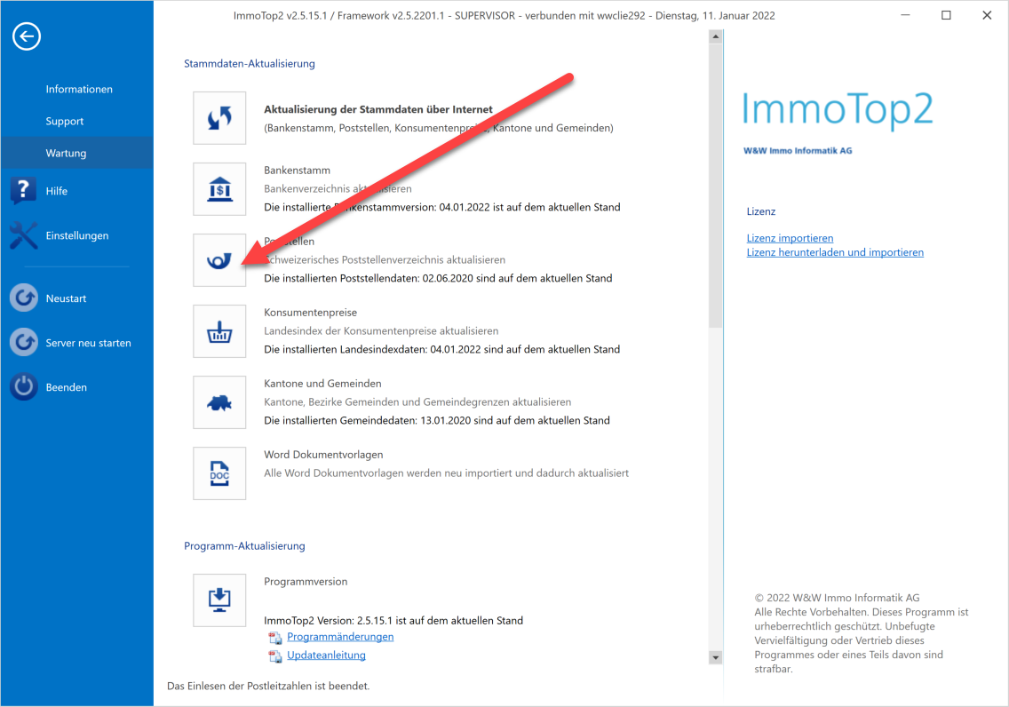 Applikationsmenü / Wartung: unter «Stammdaten-Aktualisierung» weist ein Pfeil auf «Poststellen - Schweizerisches Poststellenverzeichnis aktualisieren»; je Eintrag steht der Datenstand.