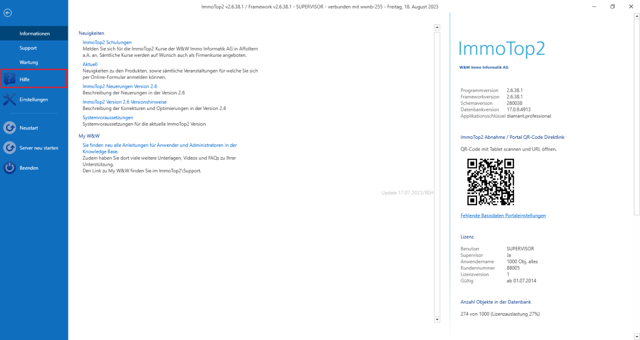 Anwendungsmenü von ImmoTop2: links rot umrandet der Eintrag «Hilfe»; rechts Programm-, Framework-, Schema- und Datenbankversion, der Portal-QR-Code und die Lizenzangaben.