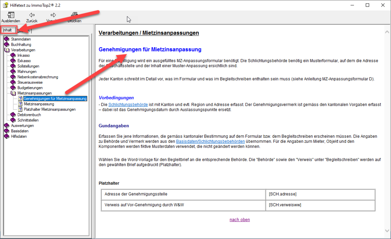 Hilfefenster, Register «Inhalt» (rot markiert): links der Themenbaum Stammdaten, Buchhaltung, Verarbeitungen und weitere, rechts der Hilfetext zum gewählten Thema.