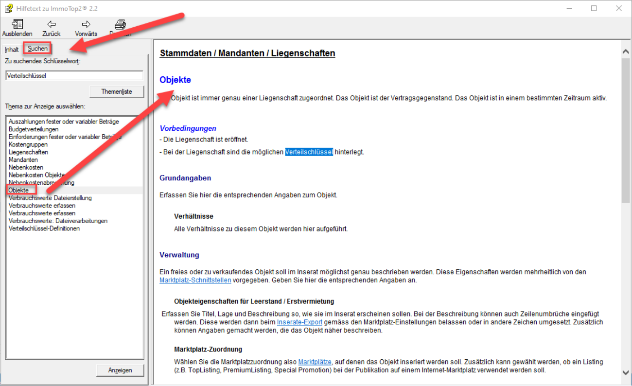 Dasselbe Fenster, Register «Suchen»: oben das Schlüsselwort, darunter die Trefferliste; der Pfeil zeigt auf den gewählten Treffer, rechts steht der zugehörige Hilfetext.