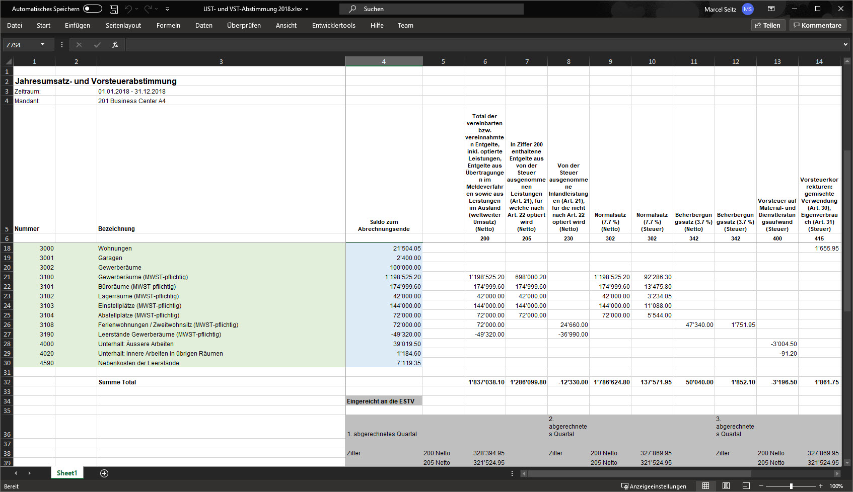 Excel-Datei «UST- und VST-Abstimmung 2018.xlsx», Blatt «Jahresumsatz- und Vorsteuerabstimmung»: je Zeile ein Konto mit Saldo, Spalten mit den ESTV-Ziffern 200, 205, 230, 302, 342, 400 und 415.