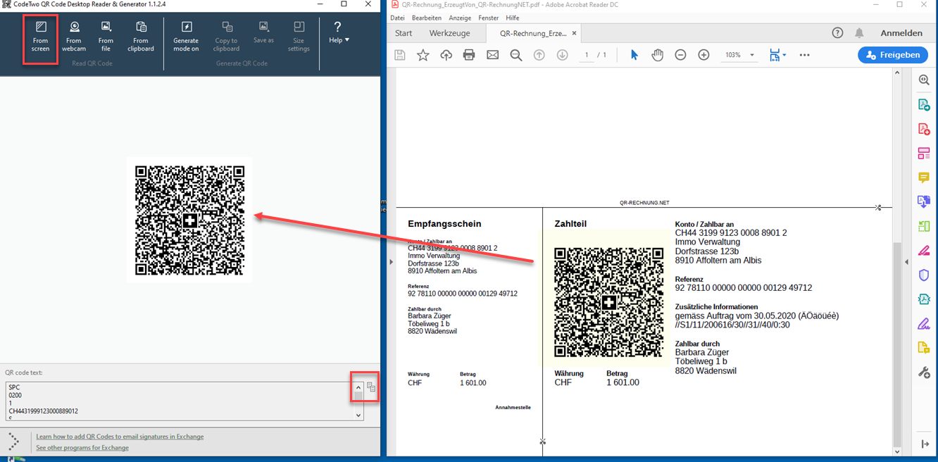 Links der CodeTwo QR Code Desktop Reader mit markierter Schaltfläche «From screen» und dem Feld «QR code text», rechts die im PDF-Reader geöffnete QR-Rechnung, deren QR-Code eingelesen wird