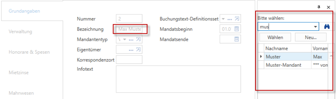Stammdaten/Mandanten/Eigentümer suchen