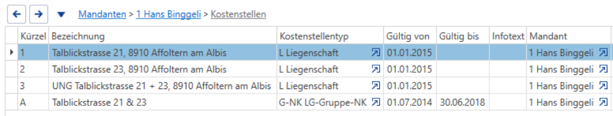 Kostenstellen eines Mandanten: je Zeile Kürzel, Bezeichnung, Kostenstellentyp (L Liegenschaft oder G-NK LG-Gruppe-NK), Gültig von und bis, Infotext und Mandant.