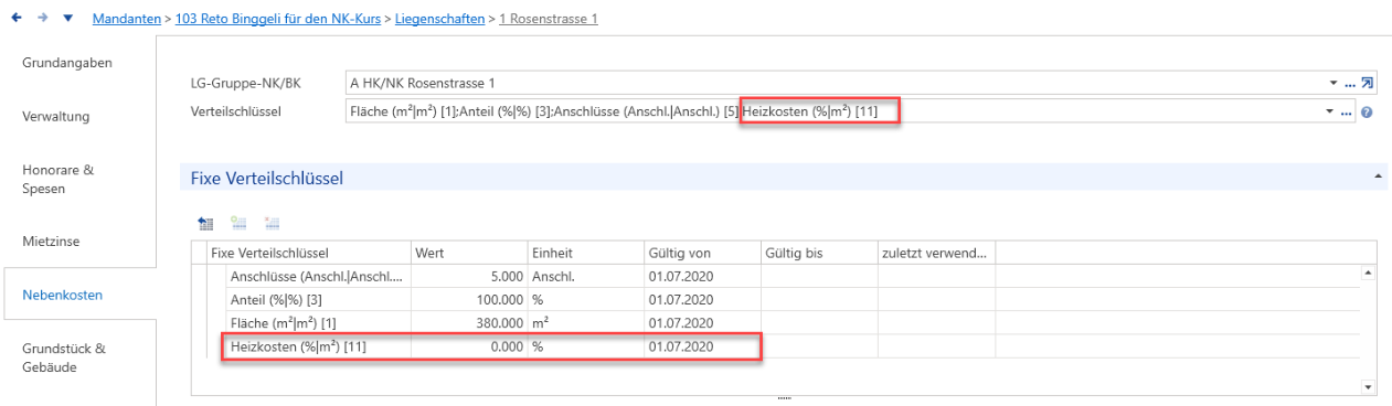 Liegenschaft 1, Register «Nebenkosten»: rot umrandet der neue Verteilschlüssel «Heizkosten (%|m2) «11»» im Feld oben und in der Tabelle «Fixe Verteilschlüssel» mit Wert 0.000 ab 01.07.2020.
