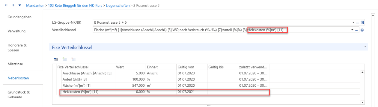 Liegenschaft 2 derselben LG-Gruppe: derselbe Schlüssel «Heizkosten (%|m2) «11»» ist hier erst ab 01.07.2021 gültig — daneben Fläche 547.000 m2, Anteil 100 % und 5 Anschlüsse.