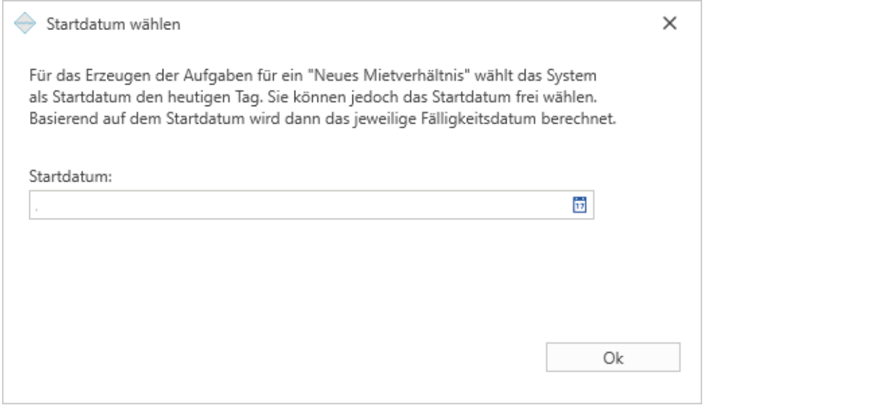Dialog «Startdatum wählen»: Für das Erzeugen der Aufgaben für ein neues Mietverhältnis wählt das System den heutigen Tag, das Startdatum ist frei wählbar.