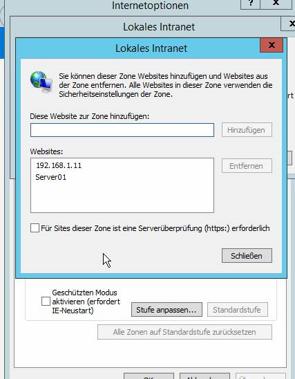 Windows-Internetoptionen, Dialog «Lokales Intranet»: die Liste «Websites» enthält IP-Adresse und Namen des DocuWare-Servers, das Feld «Diese Website zur Zone hinzufügen» ist leer