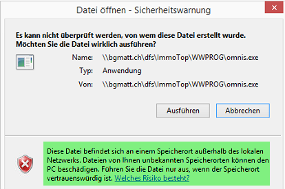 Windows-Meldung «Datei öffnen - Sicherheitswarnung» beim Start von omnis.exe aus dem ImmoTop-Programmordner: «Es kann nicht überprüft werden, von wem diese Datei erstellt wurde».