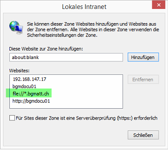 Dialog «Lokales Intranet» nach dem Hinzufügen: in der Liste «Websites» steht nun zusätzlich ein Eintrag der Form file://*.firmendomaene