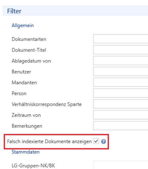 Filterbereich der e-Dossier Suche mit den Feldern Dokumentarten, Mandanten und Person sowie rot markierter, gesetzter Option «Falsch indexierte Dokumente anzeigen».