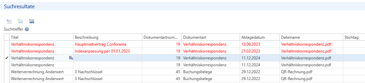 Suchresultate der e-Dossier Suche: zwei Treffer der Dokumentart Verhältniskorrespondenz sind rot dargestellt, die übrigen Zeilen schwarz.