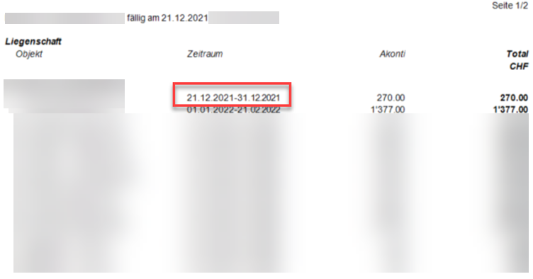 Korrigierter Einzahlungsschein, fällig am 21.12.2021: die markierte Zeile zeigt den Zeitraum 21.12.2021 bis 31.12.2021, darunter der Folgezeitraum 01.01.2022 bis 21.02.2022.