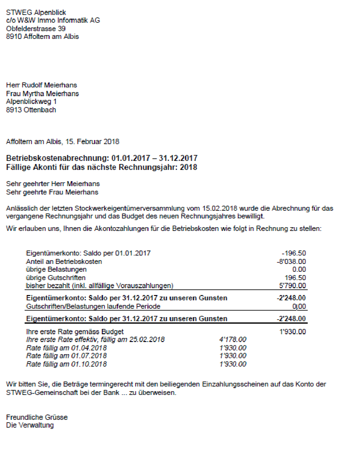 Abrechnungsbrief Eigentümer/Zusammenfassung
