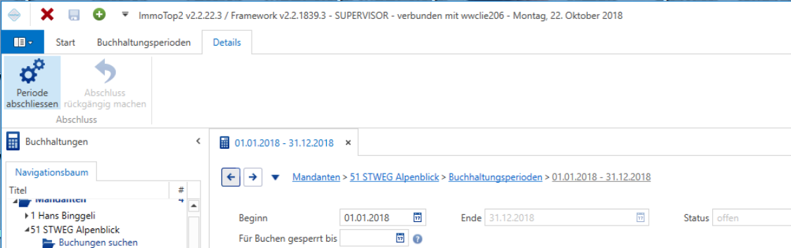 Buchhaltungen/Mandanten/Buchhaltungsperiode/Menüband Details/Periode abschliessen