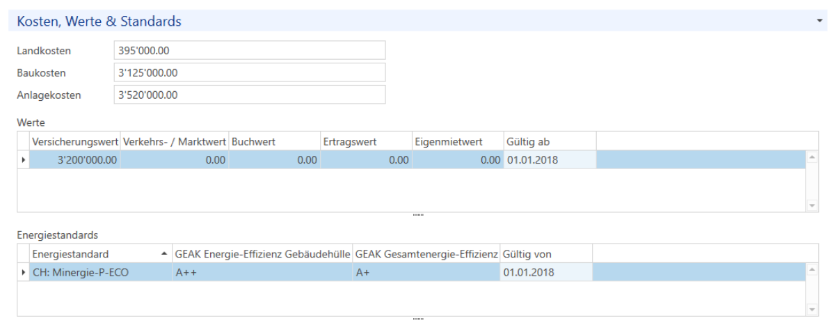 Stammdaten/Liegenschaften/Unterdialog/Grundstück & Gebäude/ Rollo Kosten, Werte & Standards
