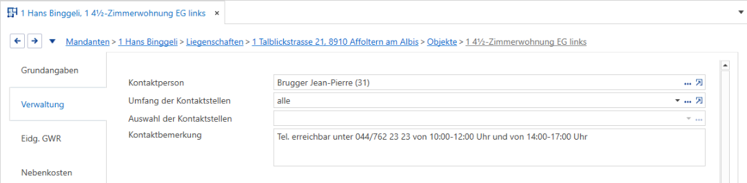 Stammdaten/Mandanten/Liegenschaften/Objekte/Unterdialog Verwaltung