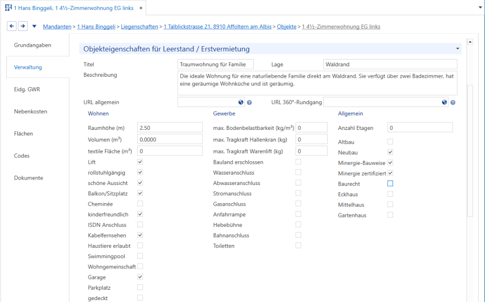 Objekte/Unterdialog Verwaltung/ Rollo Objekteigenschaften für Leerstand & Erstvermietung
