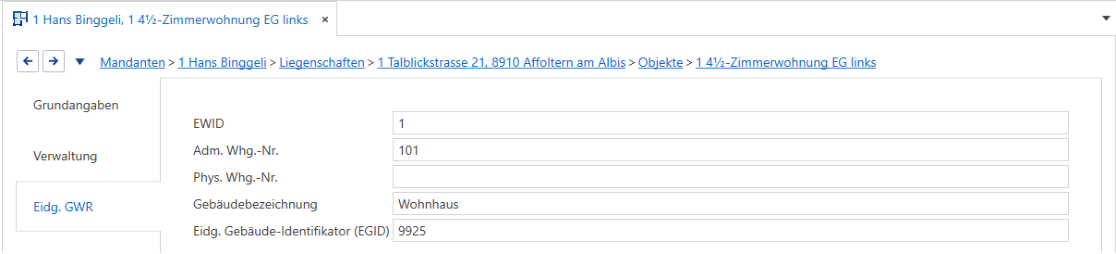 Stammdaten/Mandanten/Liegenschaften/Objekte/Unterdialog Eidg. GWR