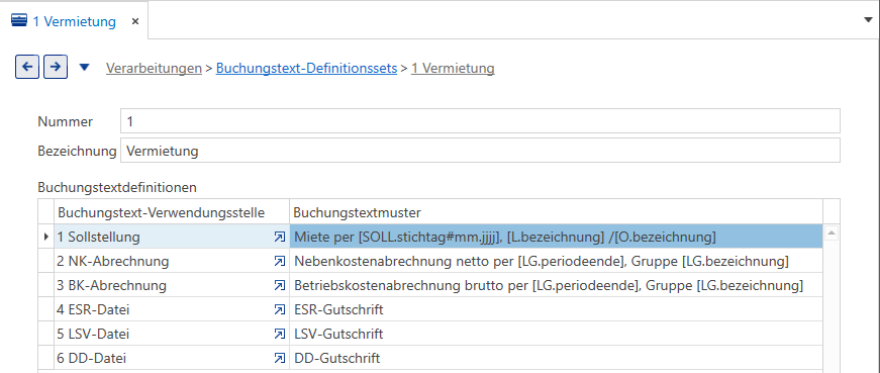 Basisdaten/Verarbeitungen/Buchungstext-Definitionssets