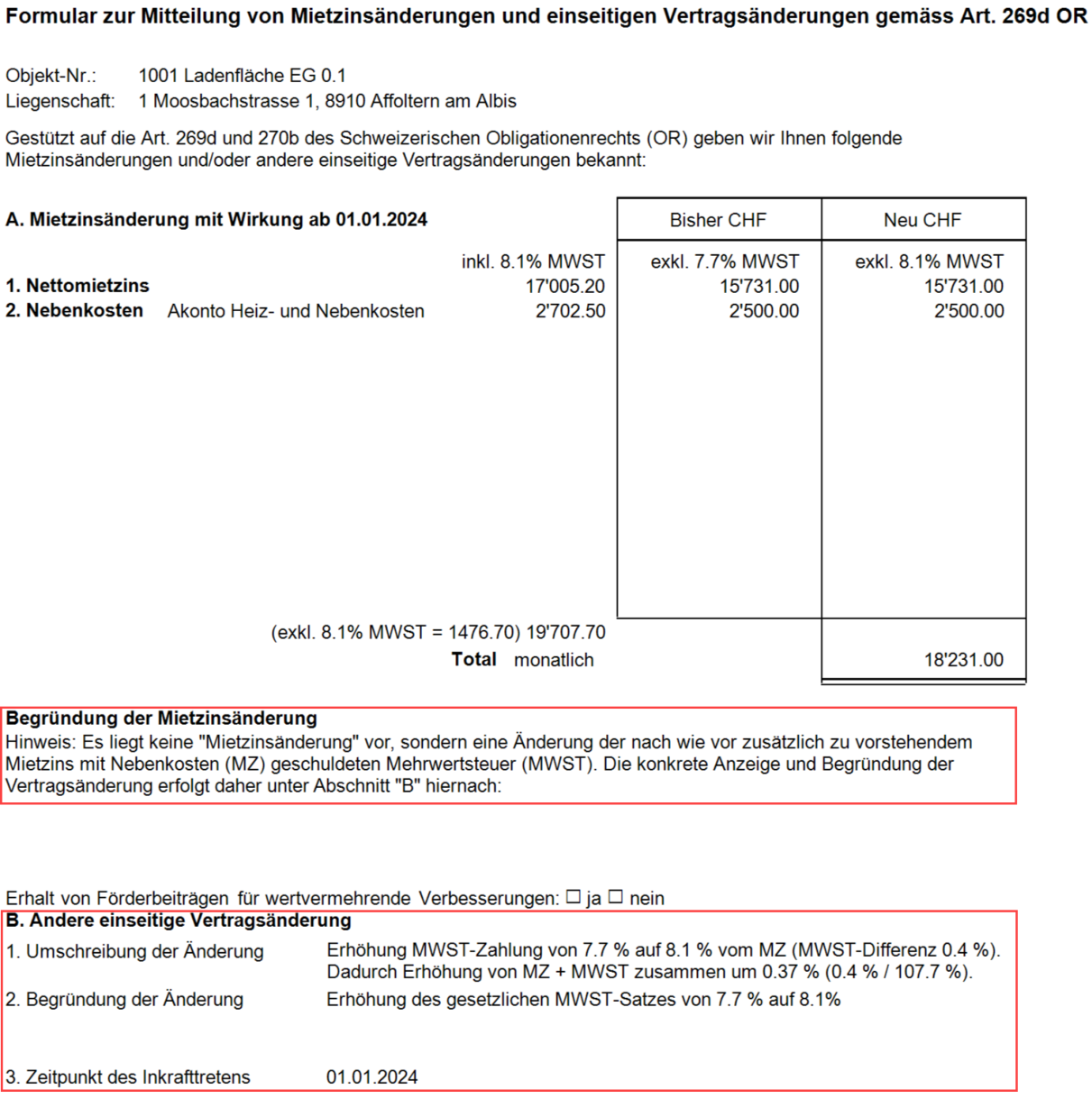 Amtliches Formular nach Art. 269d OR: Abschnitt A stellt «exkl. 7.7 % MWST» und «exkl. 8.1 % MWST» gegenüber, die Nettobeträge bleiben gleich; laut Hinweis ist es keine Mietzinsänderung.