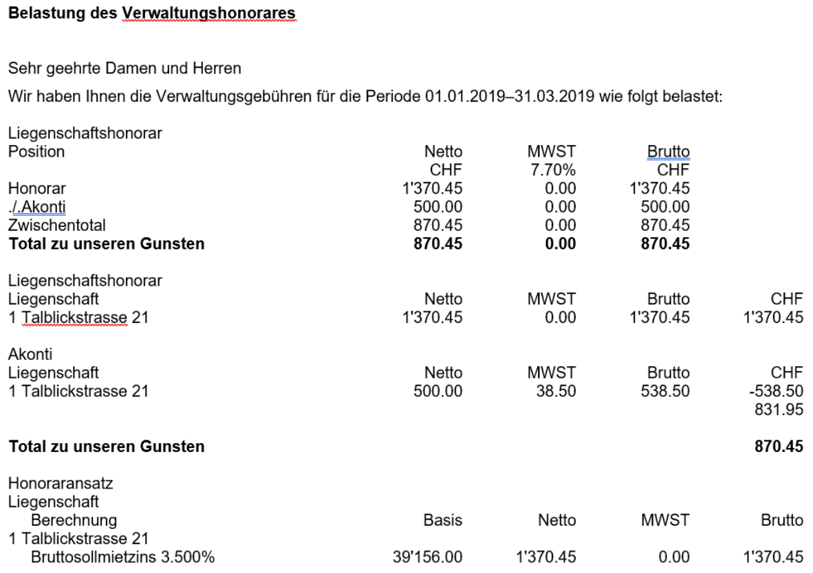 Abrechnungsbrief Honorar