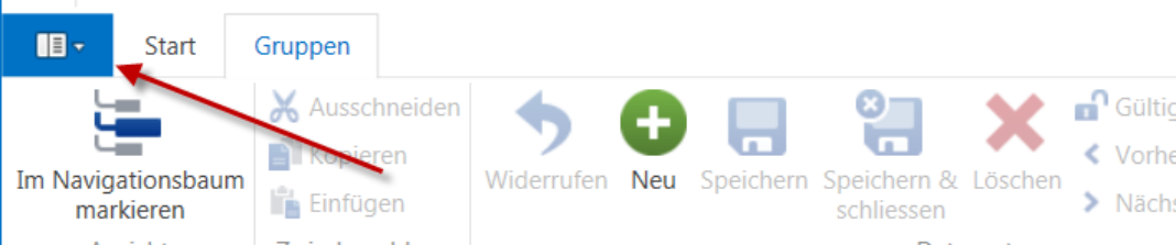 Menüband von ImmoTop2 mit rotem Pfeil auf das Applikationsmenu oben links, daneben die Register «Start» und «Gruppen»