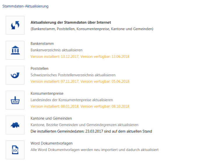 Bereich «Stammdaten-Aktualisierung» mit Einträgen Bankenstamm, Poststellen, Konsumentenpreise, Kantone und Gemeinden, Word Dokumentvorlagen; orange Schrift zeigt neu verfügbare Versionen