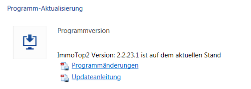 Bereich «Programm-Aktualisierung» mit dem Hinweis «ImmoTop2 Version: 2.2.23.1 ist auf dem aktuellen Stand» und Links zu Programmänderungen und Updateanleitung