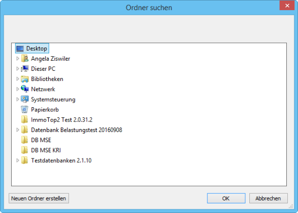 Windows-Dialog «Ordner suchen» mit Verzeichnisbaum ab Desktop, darunter Dieser PC, Bibliotheken, Netzwerk und mehrere Ordner für Testdatenbanken