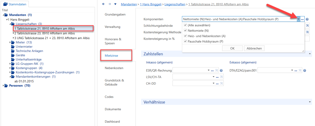 Stammdaten/Mandanten/Liegenschaften – Mietzinse