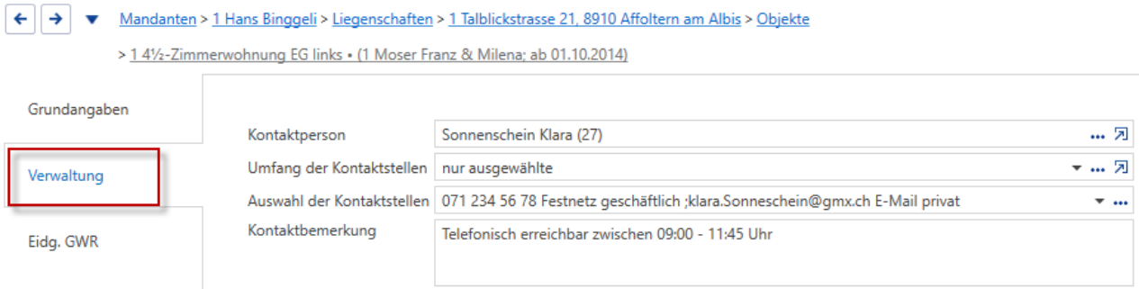 Stammdaten/Mandanten/Liegenschaften/Objekte/Verwaltung - Vermarktung – Kontaktdaten