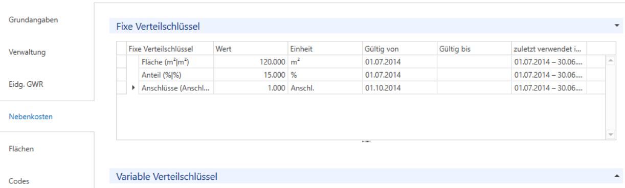 Stammdaten/Mandanten/Liegenschaften/Objekte/Nebenkosten - Fixe und Variable Verteilschlüssel
