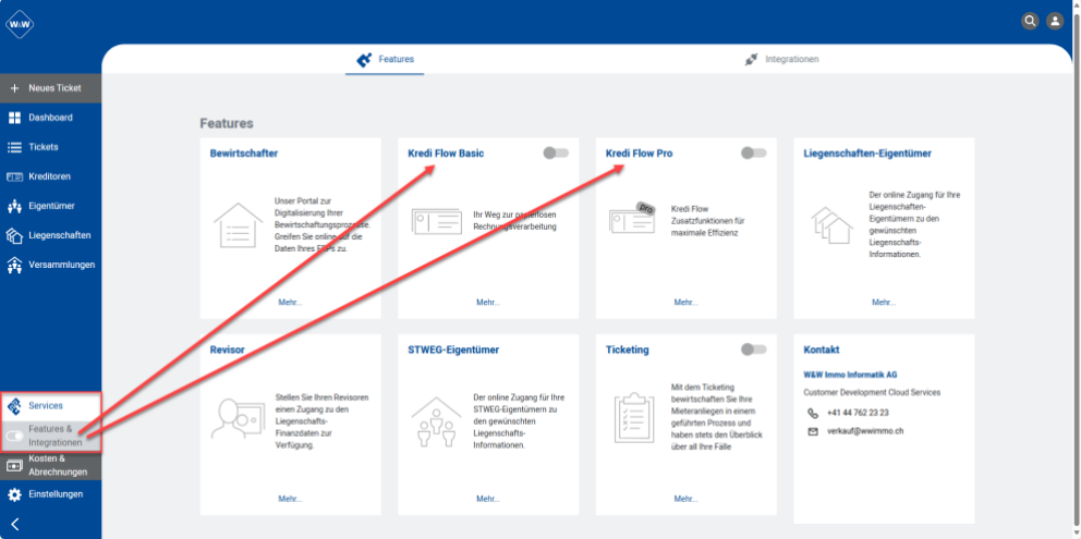 Portal, Services / «Features & Integrationen»: Kacheln mit Schiebeschalter je Feature; hervorgehoben Kredi Flow Basic und Pro, über «Mehr…» werden die Kosten angezeigt.