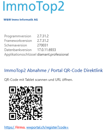 Informationsseite, Block «Abnahme / Portal QR-Code Direktlink»: QR-Code und Direktlink der Form https://<Kundenkennung>.wwportal.ch/register?code= — daraus wird die Mailadresse gebildet.
