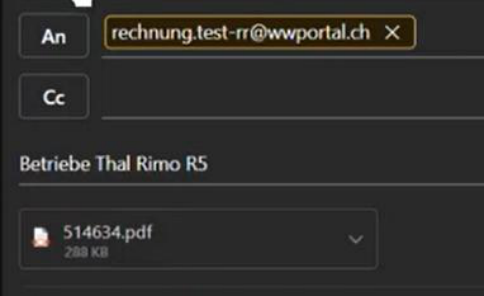 Neue E-Mail mit der Kredi-Flow-Adresse im An-Feld in der Form rechnung.<Kundenkennung>@wwportal.ch, Betreffzeile und einer angehängten Rechnungs-PDF.