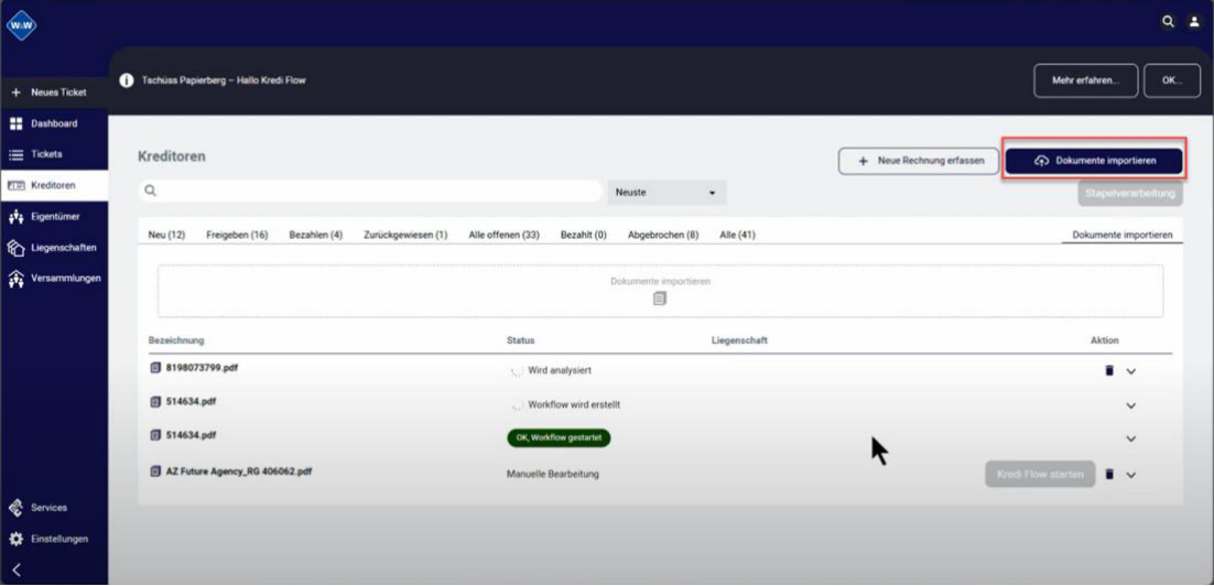 Portal, Bereich Kreditoren: hervorgehoben «Dokumente importieren», daneben «+ Neue Rechnung erfassen»; darunter die Statusreiter und die Importliste von «Wird analysiert» bis «Manuelle Bearbeitung».