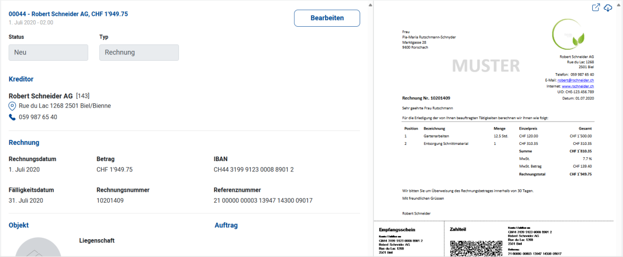 Portal, geöffnete Rechnung: links Status, Kreditor und Rechnungsblock mit IBAN, Fälligkeit und Referenz; rechts die PDF-Vorschau. Gefüllt wird nur, was im QR-Code steht — Fehlendes kopiert man daraus.