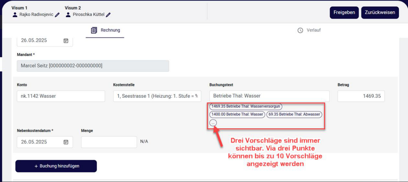 Portal, Kontierung mit Buchungstext-Vorschlägen: drei sind immer sichtbar, über die drei Punkte bis zu zehn; daneben Konto, Kostenstelle, Betrag, Nebenkostendatum und «+ Buchung hinzufügen».