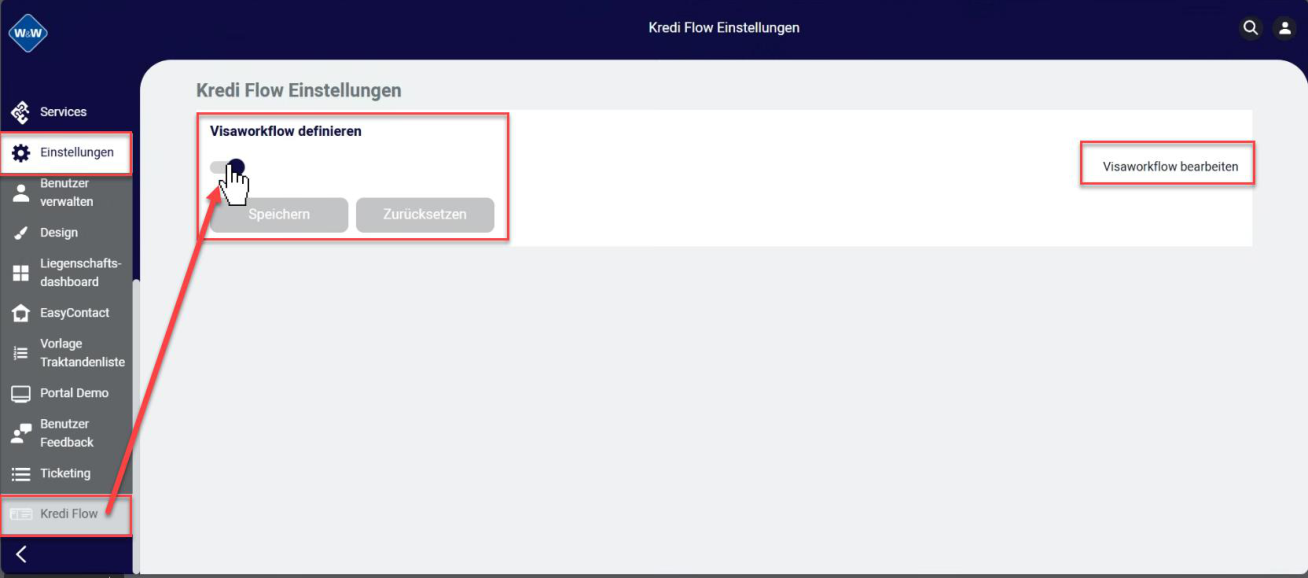 Portal, «Kredi Flow Einstellungen»: im Block «Visaworkflow definieren» wird der Schiebeschalter nach rechts geschoben; danach stehen Speichern, Zurücksetzen und «Visaworkflow bearbeiten» bereit.