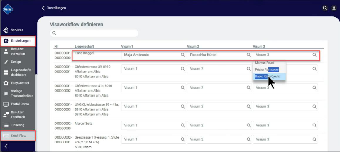 Portal, «Visaworkflow definieren»: Tabelle mit Nr, Liegenschaft, Visum 1, Visum 2 und Visum 3; je Liegenschaft werden bis zu drei Visa aus einer Benutzerliste gewählt.