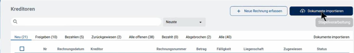 Portal, Kreditoren, Kopfzeile mit den acht Statusreitern und ihrer jeweiligen Anzahl: Neu, Freigeben, Bezahlen, Zurückgewiesen, Alle offenen, Bezahlt, Abgebrochen und Alle.