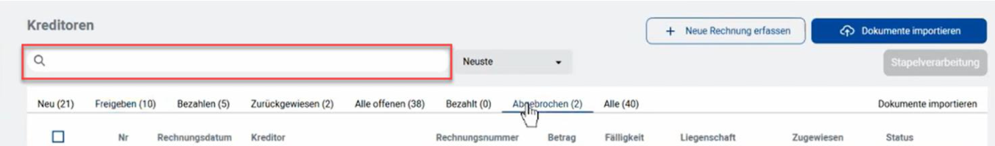 Portal, Kreditoren: hervorgehoben das Suchfeld über der Liste; gesucht werden kann nach Nr., Rechnungsdatum, Kreditor, Rechnungsnummer, Betrag, Fälligkeit, Liegenschaft, Zugewiesen und Status.